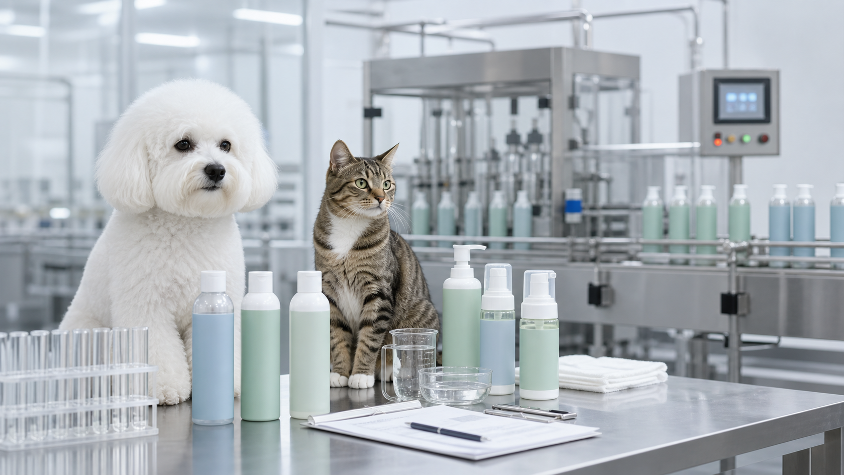 Pet grooming product samples in a clean BodyLife manufacturing quality environment with dog and cat